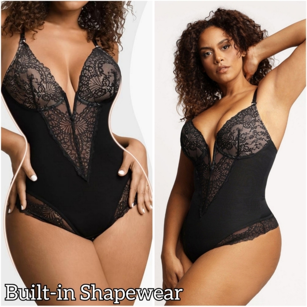 NWT Popilush Black Floral Lace Deep V Shapewear Thong Tummy Control Bodysuit